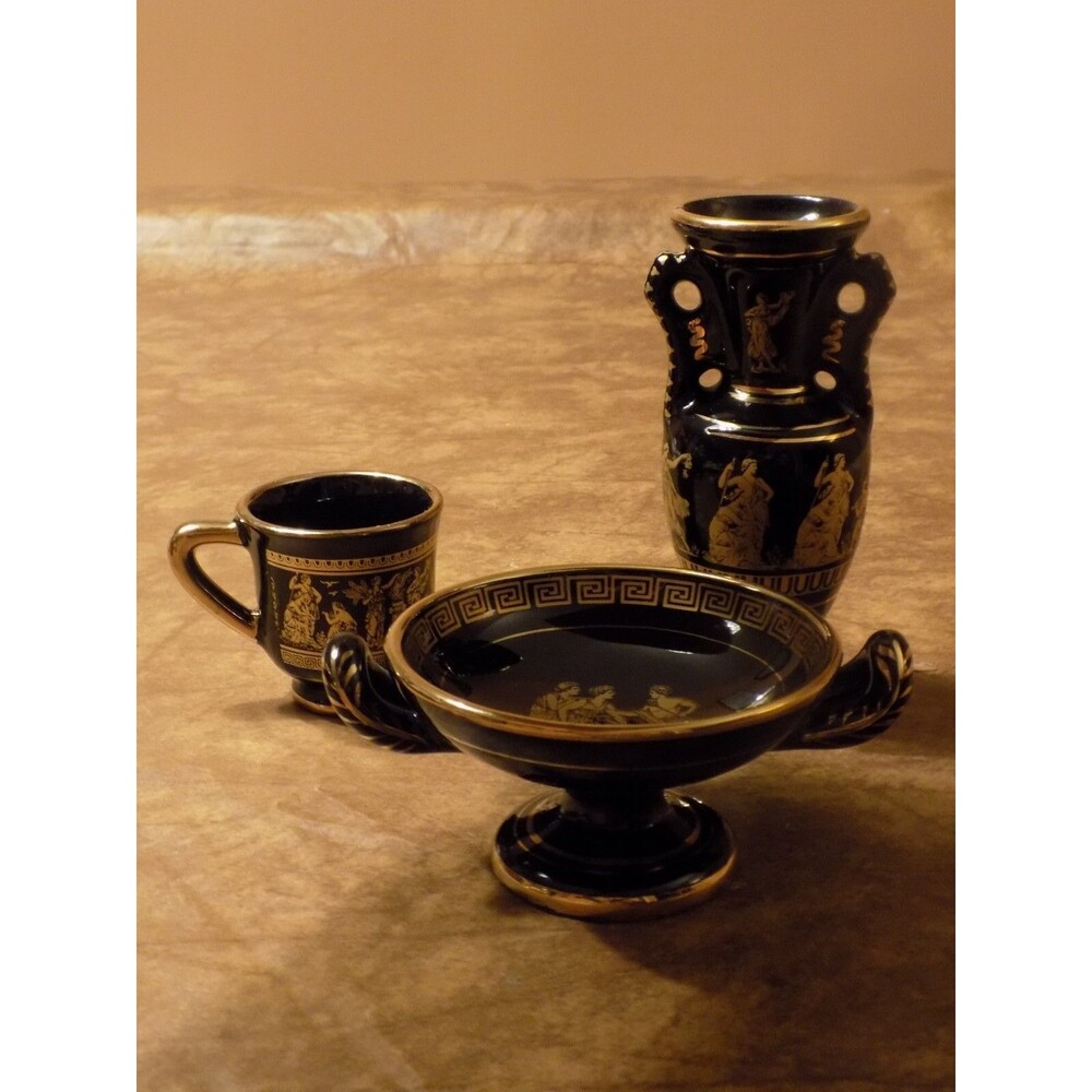 Lot Of 3 Greek Ceramic Painted Black & 24k Gold (Vase/Bowl/Cup)